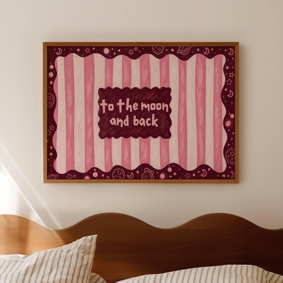 To The Moon And Back Quote Print Horizontal Above Bed Nursery Wall Art Handdrawn Retro Pink Ruby Striped Typography Oil Painting Poster