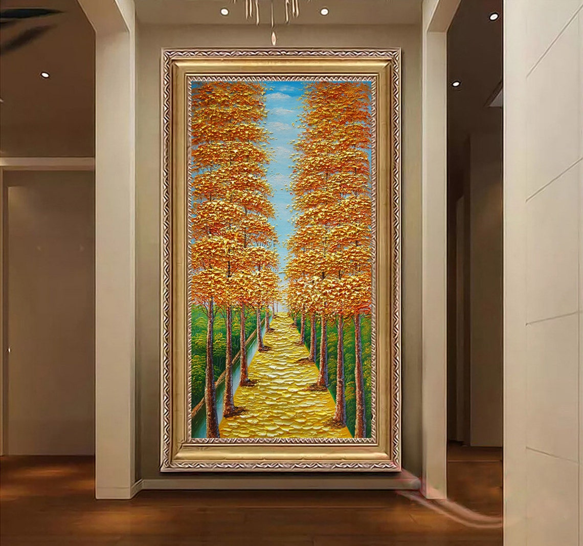 Golden Autumn Tree Avenue Path With Blue Sky Oil Paint Poster - Image 4