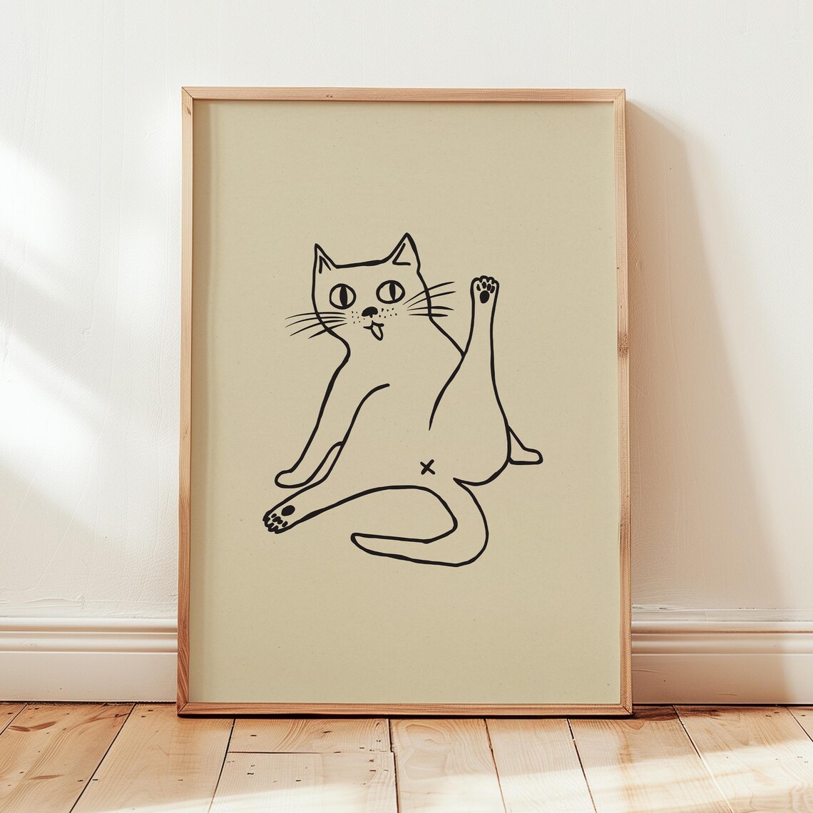 Minimalist Doodle Cat Line Art Funny Bathroom Quirky Decor Poster