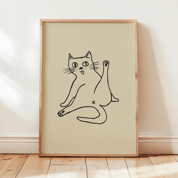 Doodle Cat Artwork Funny Bathroom Art Quirky Home Decor Sketch Print Digital Download