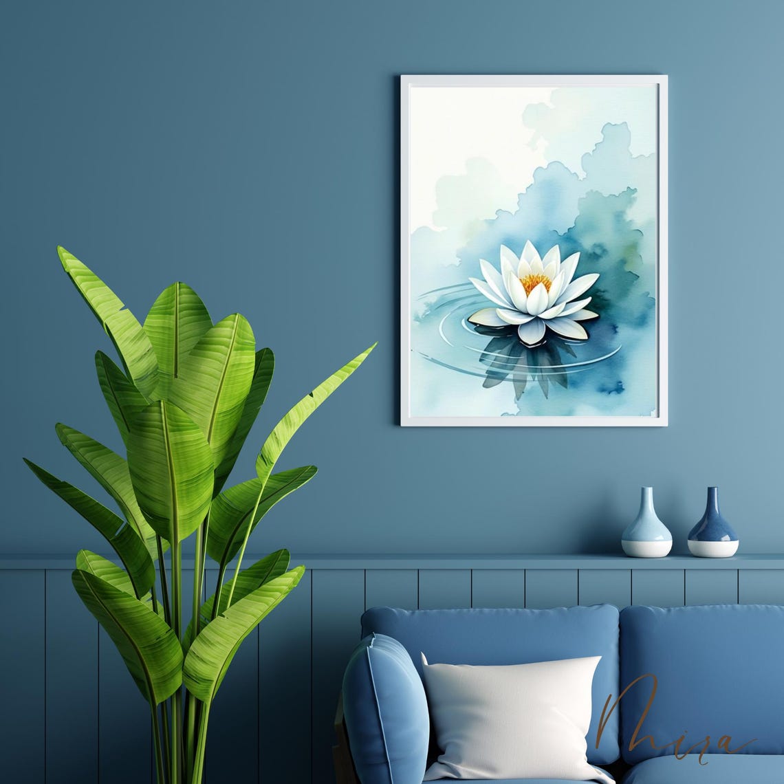 Serene White Lotus Watercolor Calm Blue Zen Spa Peaceful Print