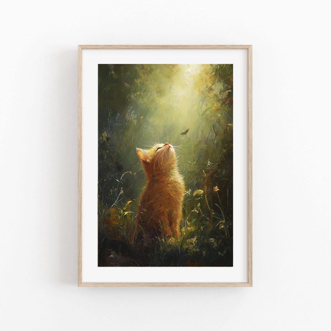 Orange Kitten Watching Butterfly Sunlit Meadow Painting Poster