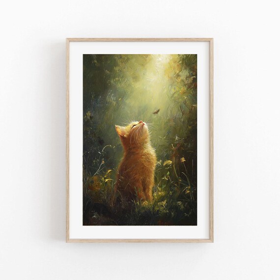Orange Kitten Watching Butterfly Sunlit Meadow Painting Poster