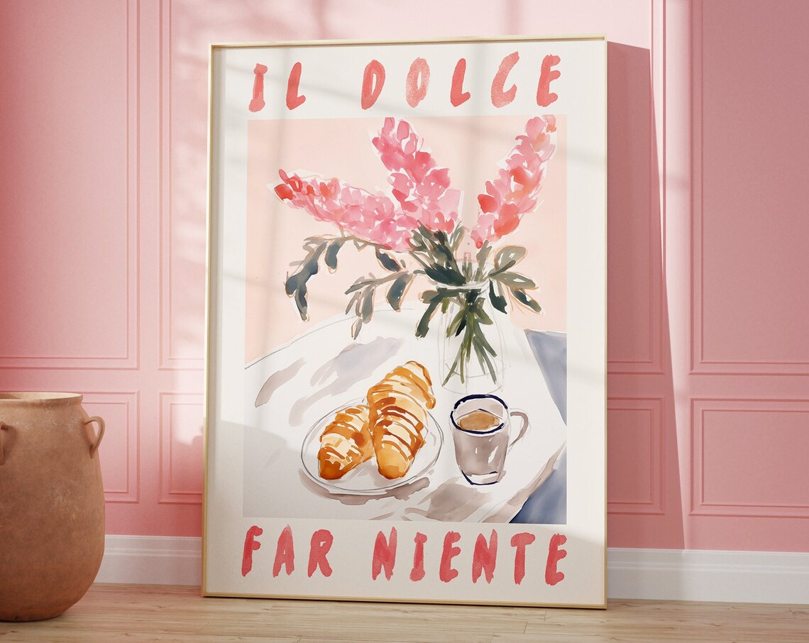 Dolce Far Niente Coffee Croissant Art Print, Italy Lover
