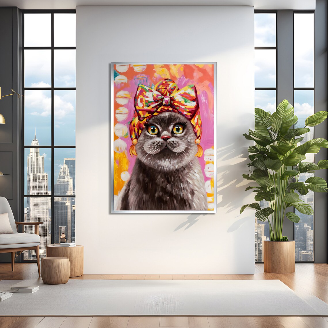 Colorful Cat Portrait, Whimsical Animal Painting - Image 2