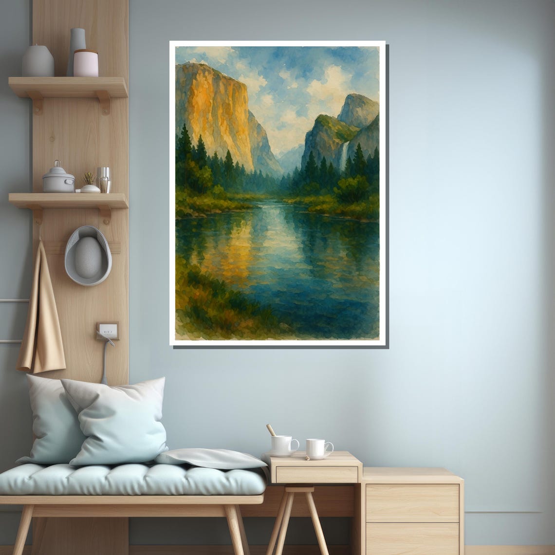 Majestic Mountain River Landscape Painting Framed Black White Gold Silver Gallery Wrapped Or Rolled Art Print Serene Decor - Image 3