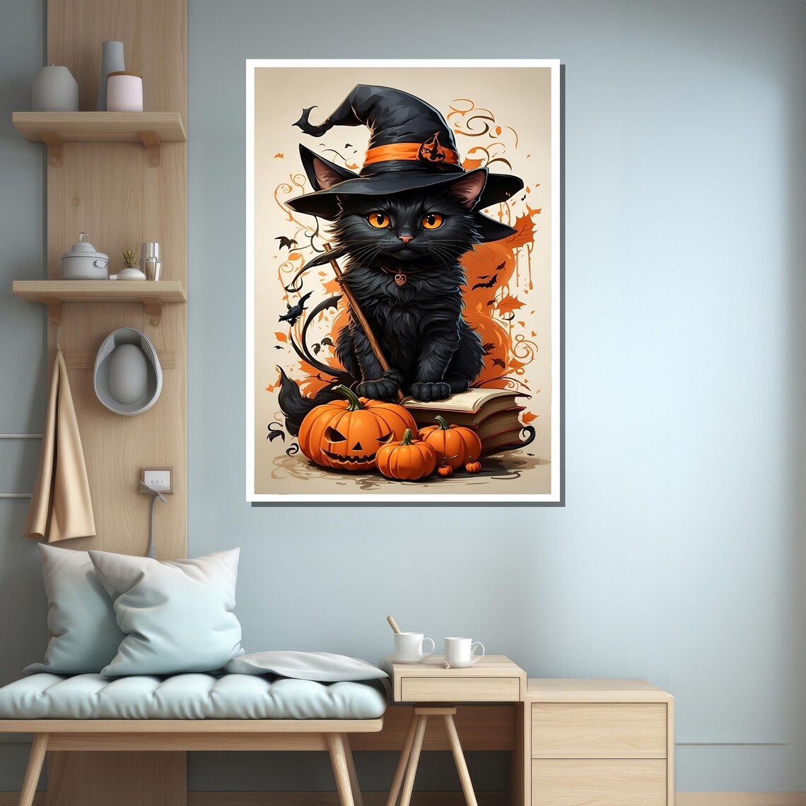 Black Witch Cat With Pumpkins Cute Halloween Spooky Animal Poster - Image 3