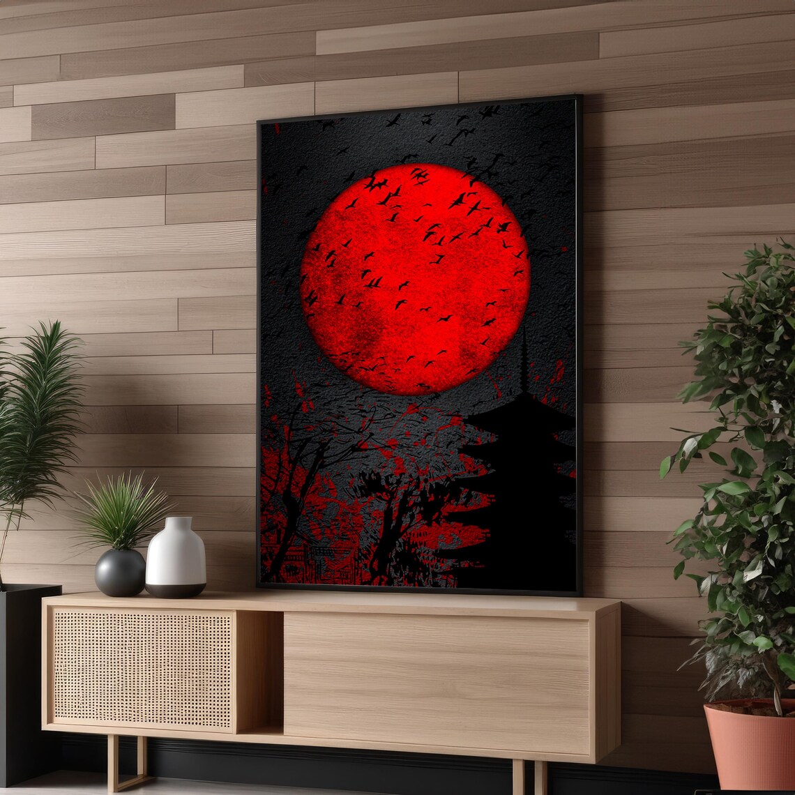 Japanese Red Moon, Dark Minimalist Wall Decor