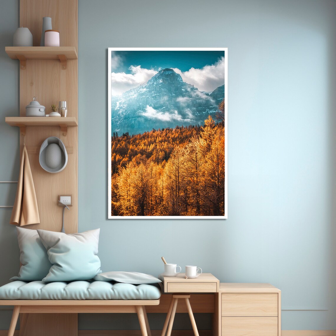 Golden Autumn Forest and Snow Capped Mountain Art Print - Image 4