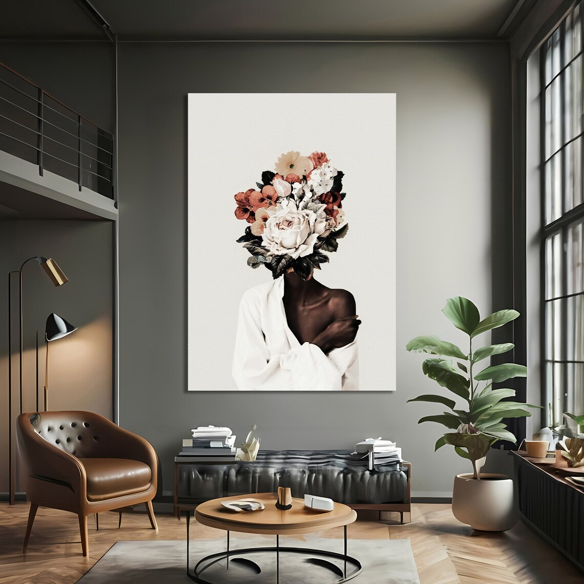 Elegant African Woman Portrait, Floral Headpiece Art - Image 3