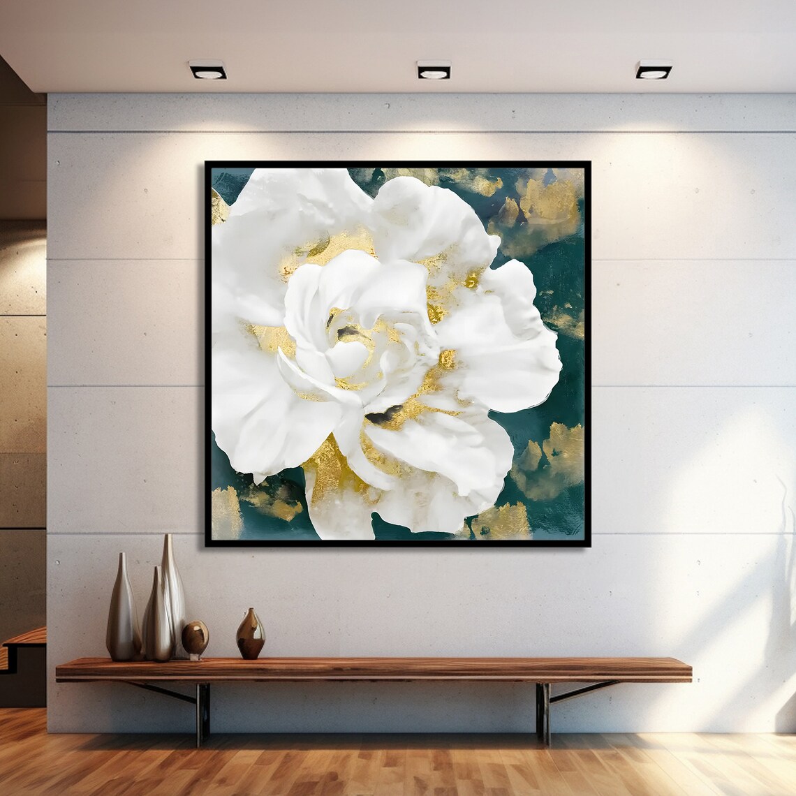 Elegant White Flower With Gold Accents, Modern Floral Art - Image 2