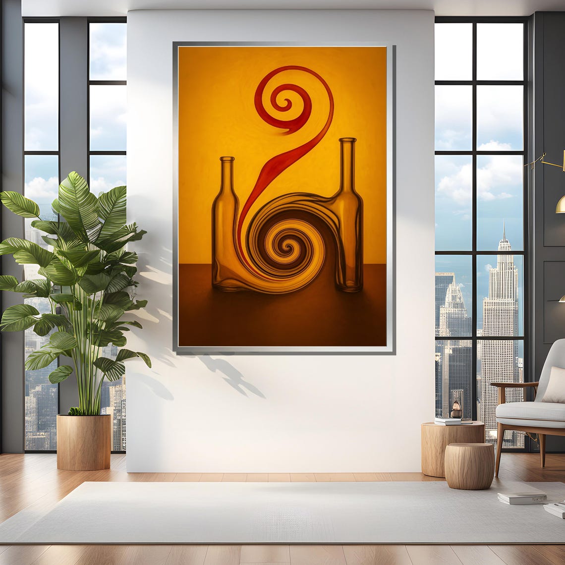 Surreal Spiral Between Bottles On Orange Background Framed Or Unframed Art Print For Bold Modern Living Room Decor - Image 4
