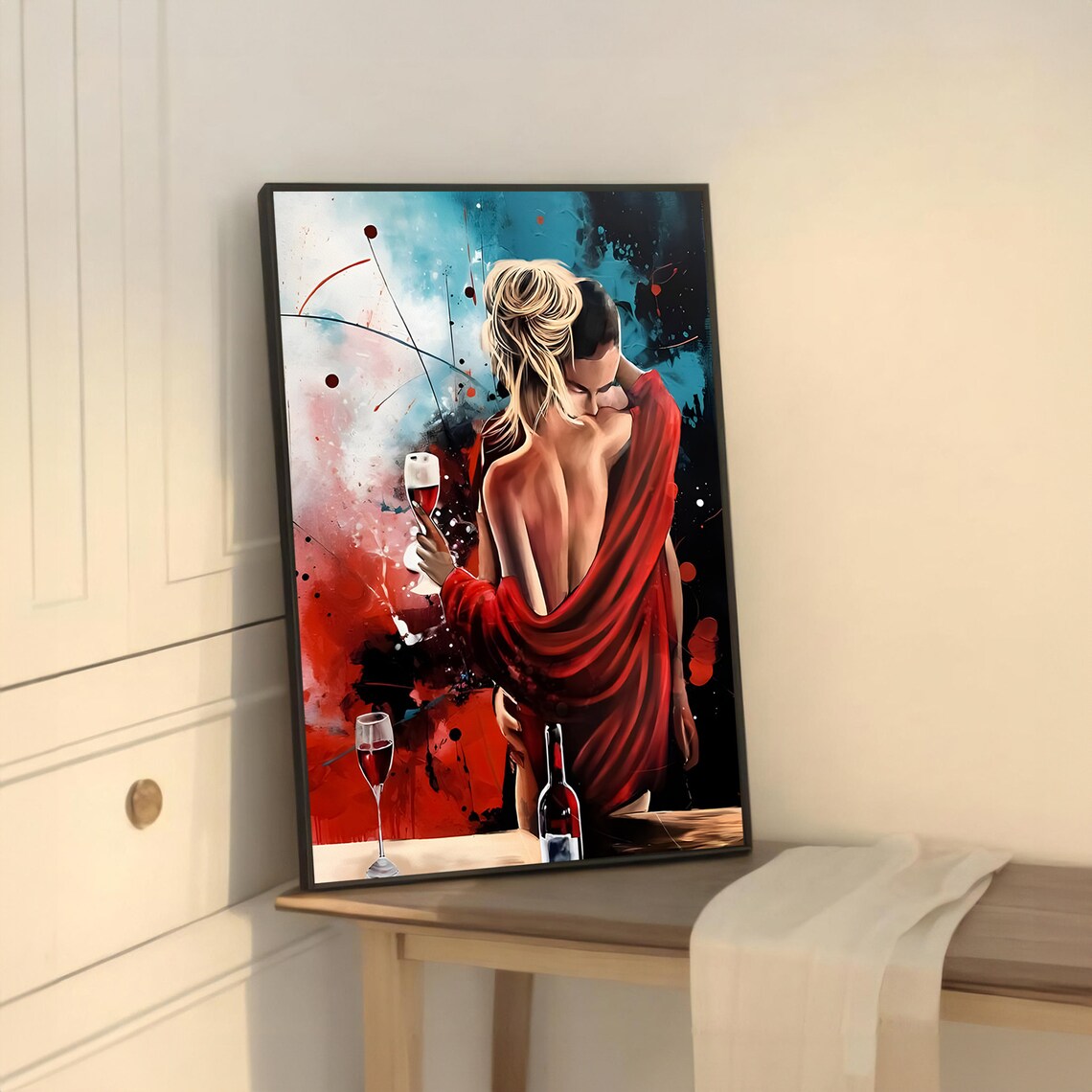 Passionate Red Embrace Lovers and Wine Art Print - Image 5