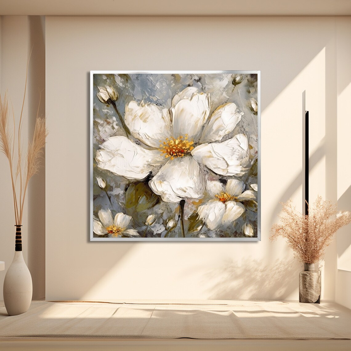 Elegant White Floral Botanical Painting, Serene Decor - Image 2