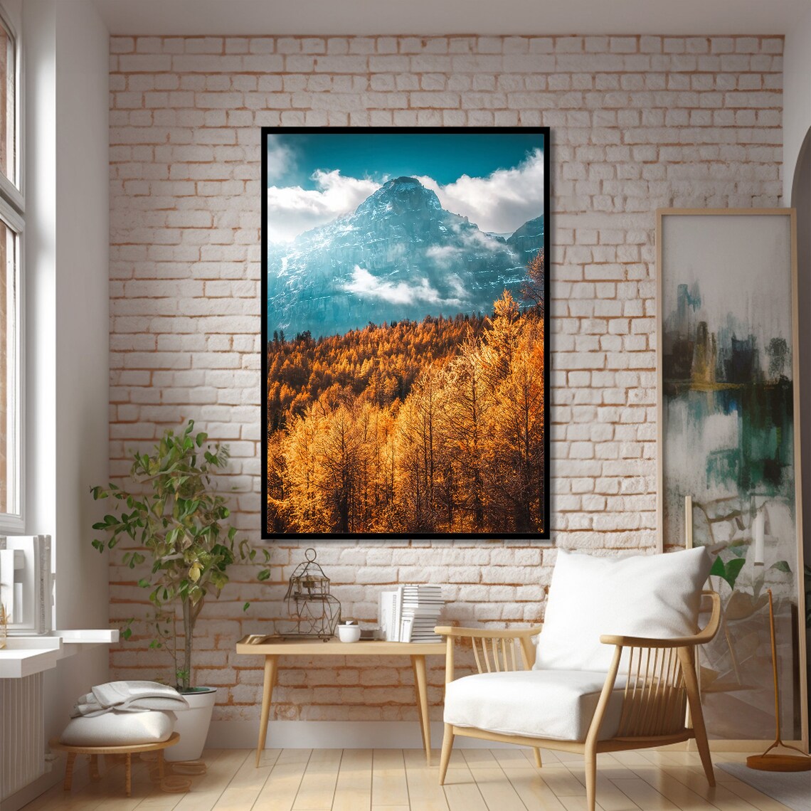 Golden Autumn Forest and Snow Capped Mountain Art Print - Image 2