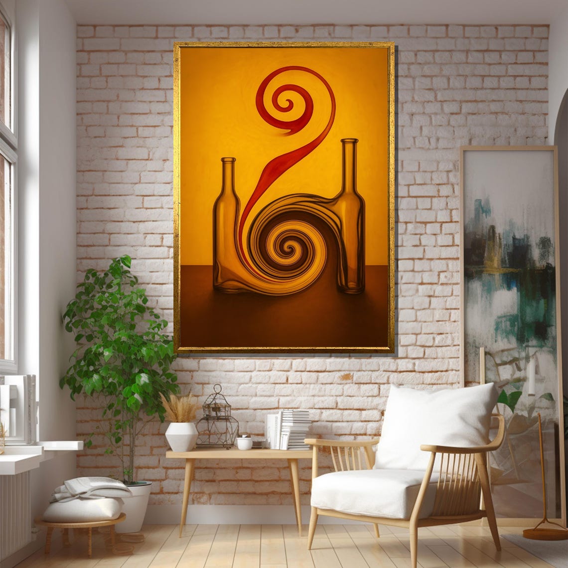 Surreal Spiral Between Bottles On Orange Background Framed Or Unframed Art Print For Bold Modern Living Room Decor - Image 5