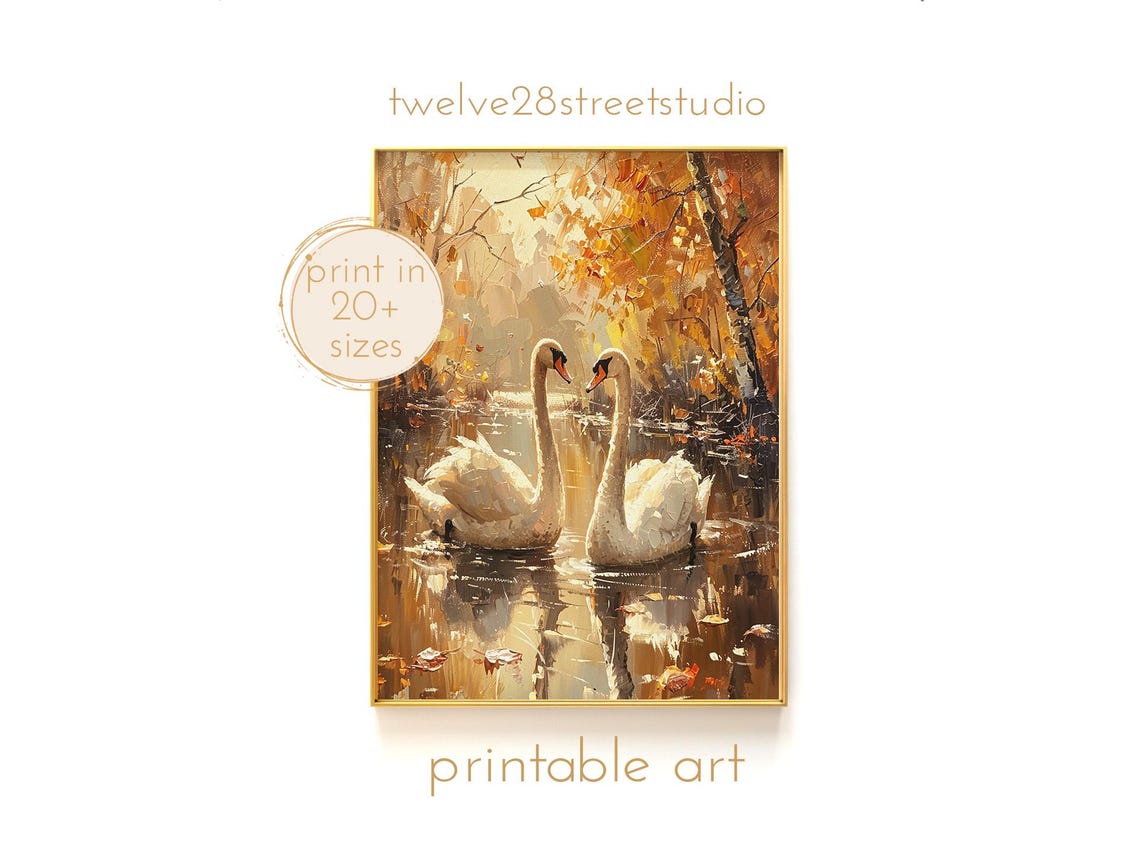 Two White Swans Golden Autumn Pond Romantic Wildlife Art Print