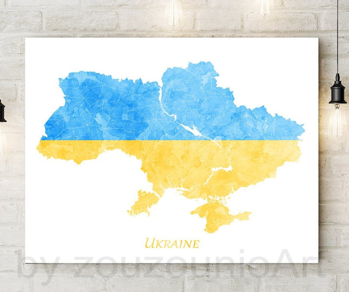 Ukraine Map Blue Yellow Watercolor Patriotic Flag Colors Wall Poster Art