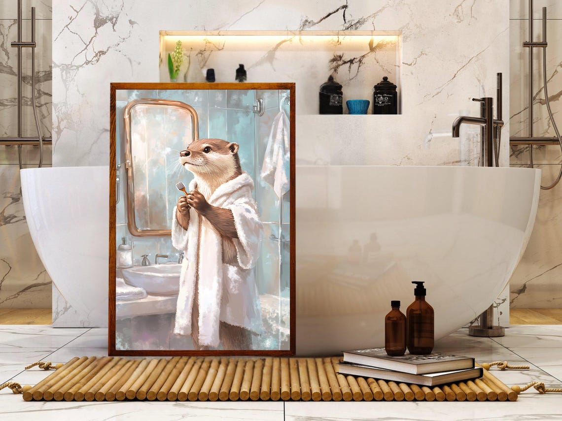 Otter in a Bathrobe Brushing Teeth at a Bathroom Mirror Poster - Image 5