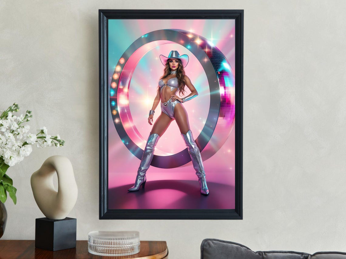 Futuristic Silver Cowgirl Neon Disco Ring Fantasy Art Poster