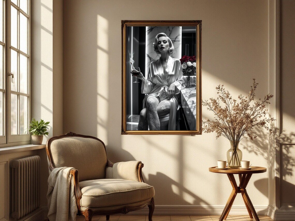 Blonde Woman In Silk Robe With Wine Glass Vintage Glamour Poster - Image 2