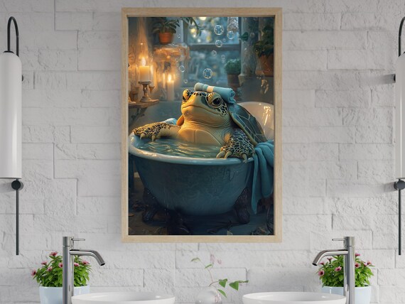 Relaxing Sea Turtle Soaking in a Candlelit Vintage Bathtub Poster