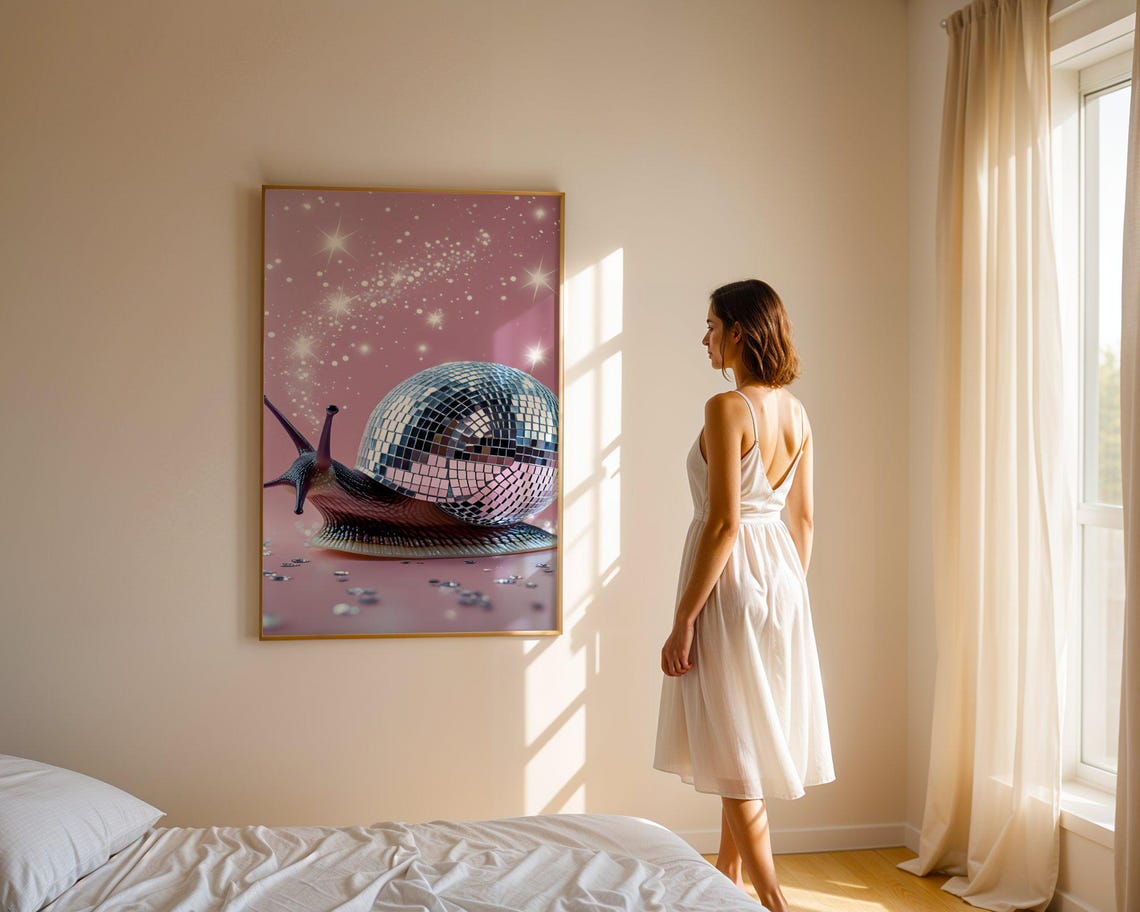 Snail With Disco Ball Shell Sparkling Pink Quirky Animal Poster - Image 3