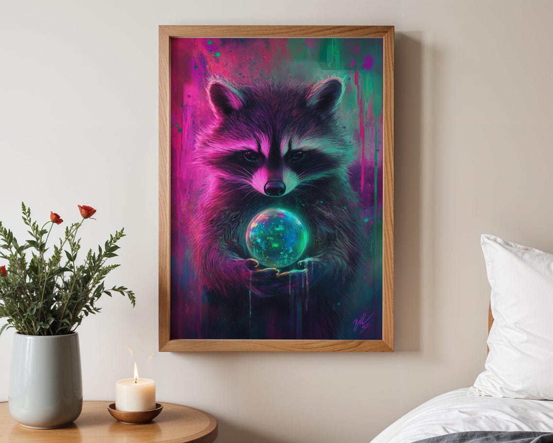 Neon Raccoon Holding A Glowing Galaxy Orb In Pink And Teal Poster