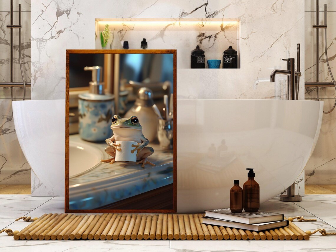 Cute Frog Holding Toilet Paper While Sitting on a Bathroom Sink Poster - Image 5