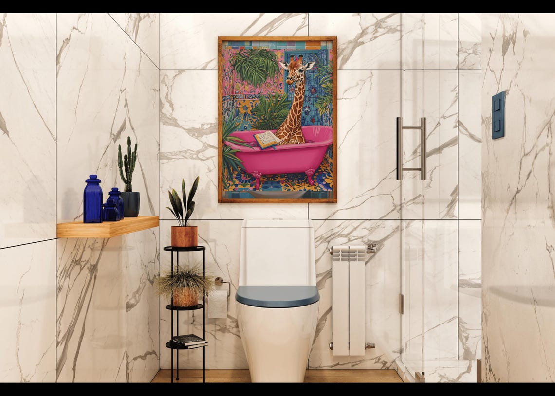 Giraffe Reading Book In Pink Bathtub Tropical Jungle Animal Poster - Image 2