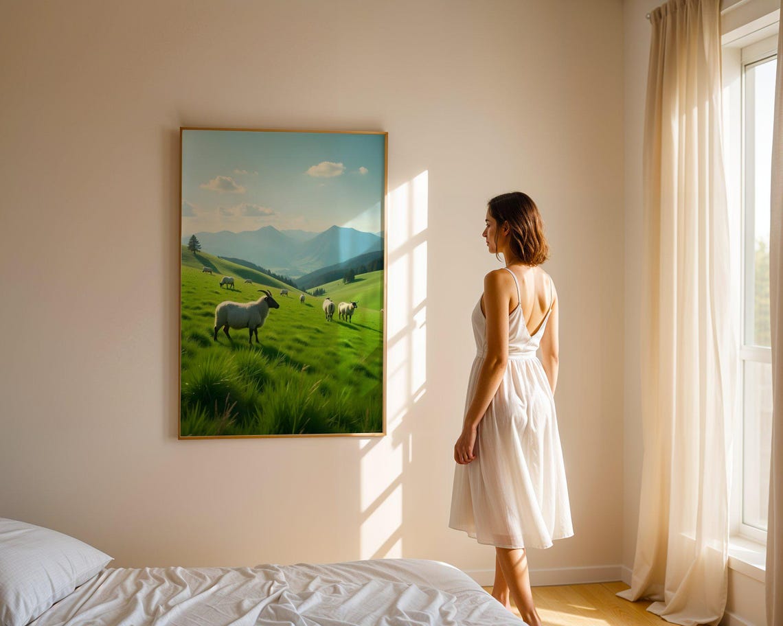 Sheep Grazing on a Lush Green Hillside with Mountain Peaks Poster - Image 2