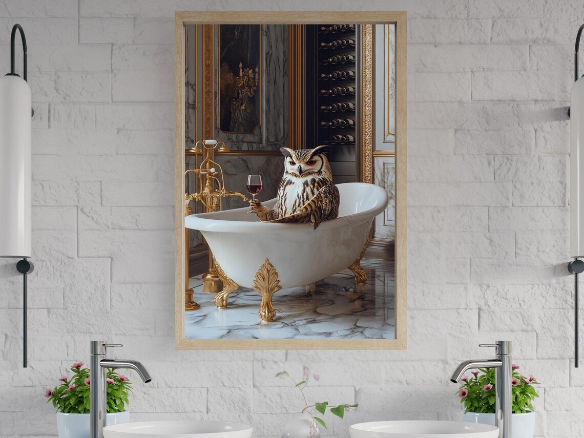 Sophisticated Owl Relaxing with Wine in a Golden Bathtub Poster