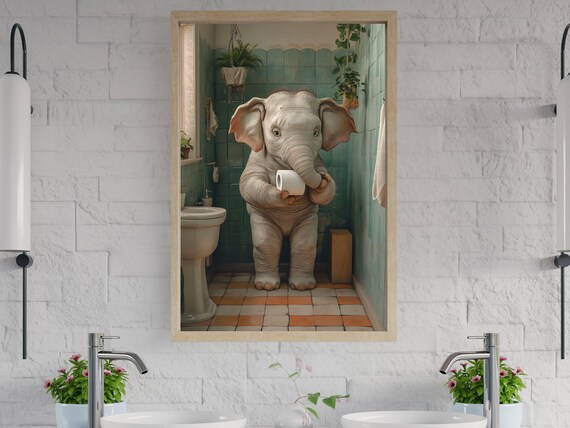 Baby Elephant Holding Toilet Paper in a Green Tiled Bathroom Poster