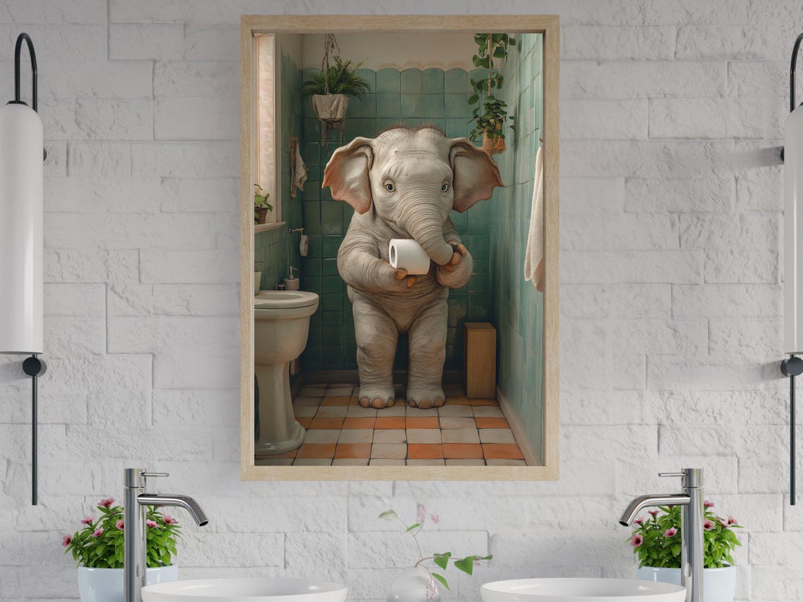 Baby Elephant Holding Toilet Paper in a Green Tiled Bathroom Poster
