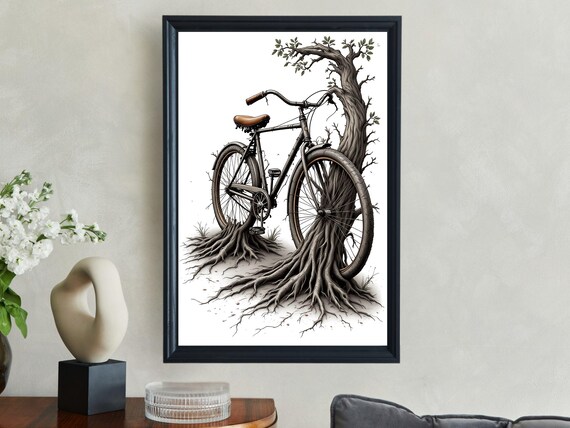 Vintage Bicycle Tree Wall Art Nature Inspired Bike Print Unique Rustic Cycling Dcor Outdoor Adventure Poster Tree And Bike Artwork