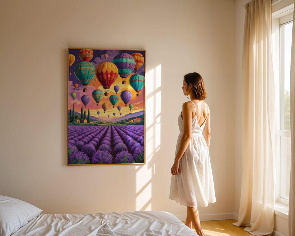 Colorful Hot Air Balloons Over Lavender Fields Sunset Poster - Image 4