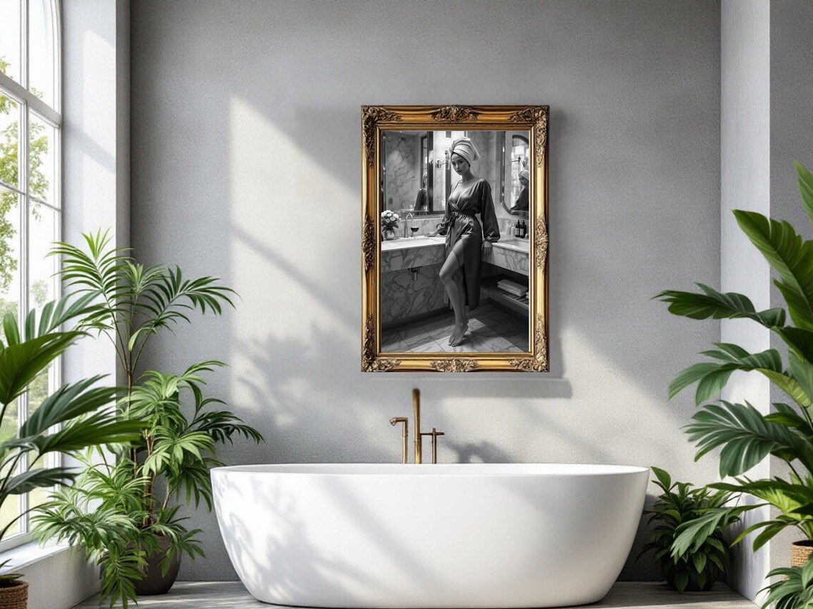 Elegant Bathroom Wall Art Stylish Woman In Robe Black And White Spa Decor Sophisticated Bathroom Luxury Wall Art Home Decor - Image 2