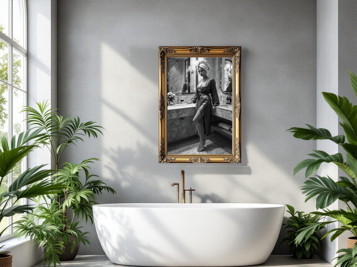 Woman In Satin Robe And Towel Turban At Marble Vanity Poster - Image 2