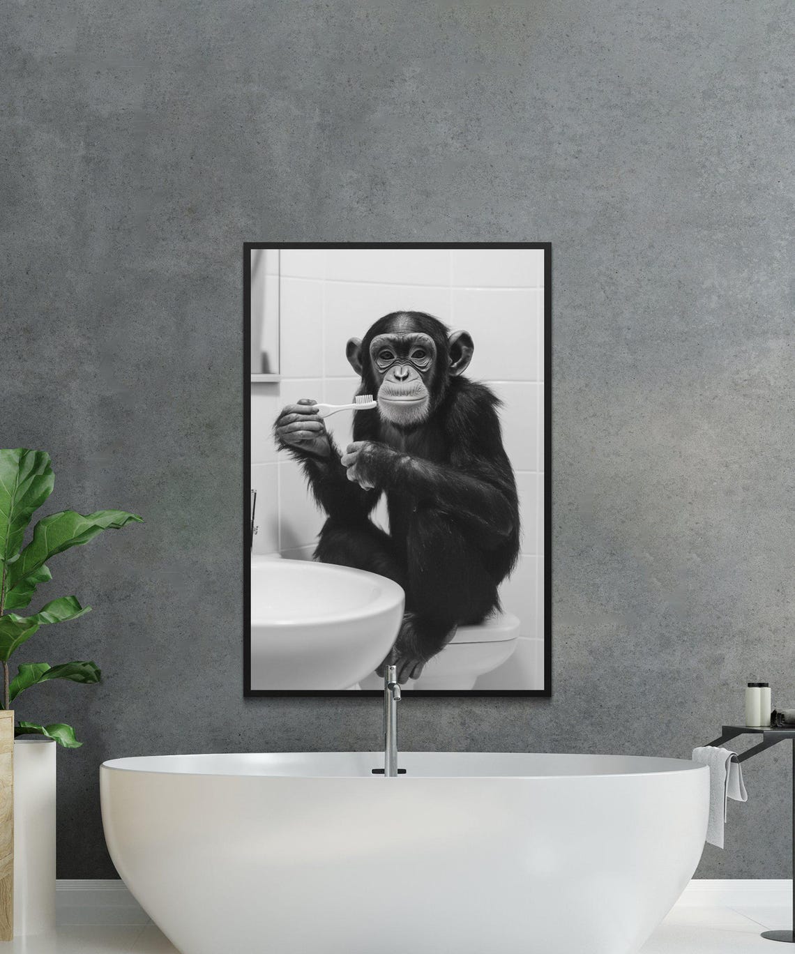 Baby Chimpanzee Brushing Its Teeth at a Bathroom Sink Photo Poster - Image 3