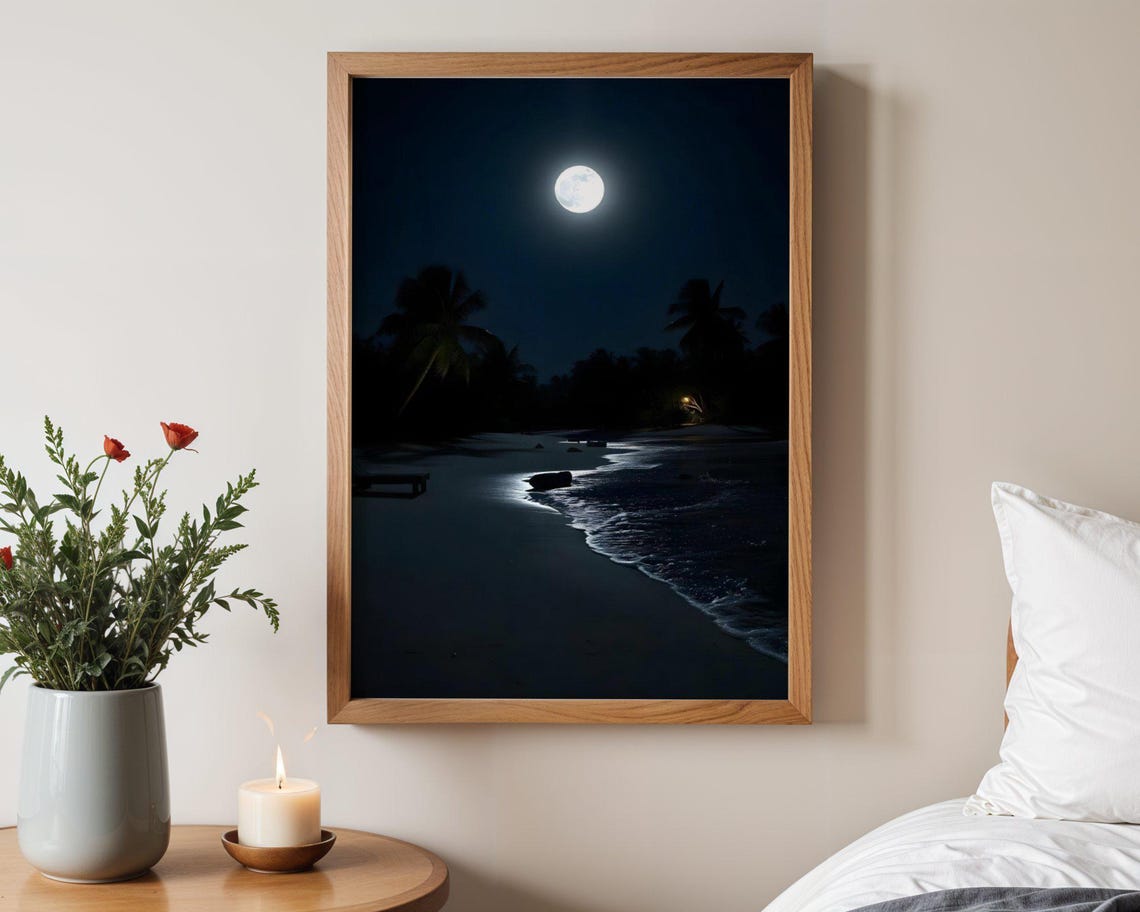 Full Moon over Peaceful Night Beach Silhouette Moonlit Ocean Poster