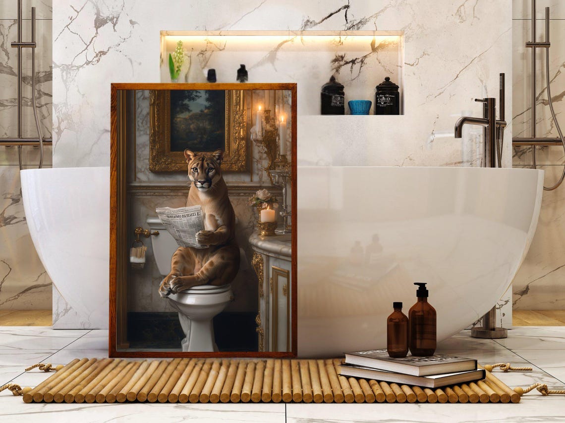 Regal Puma Reading the Newspaper in an Opulent Vintage Bathroom Poster - Image 5