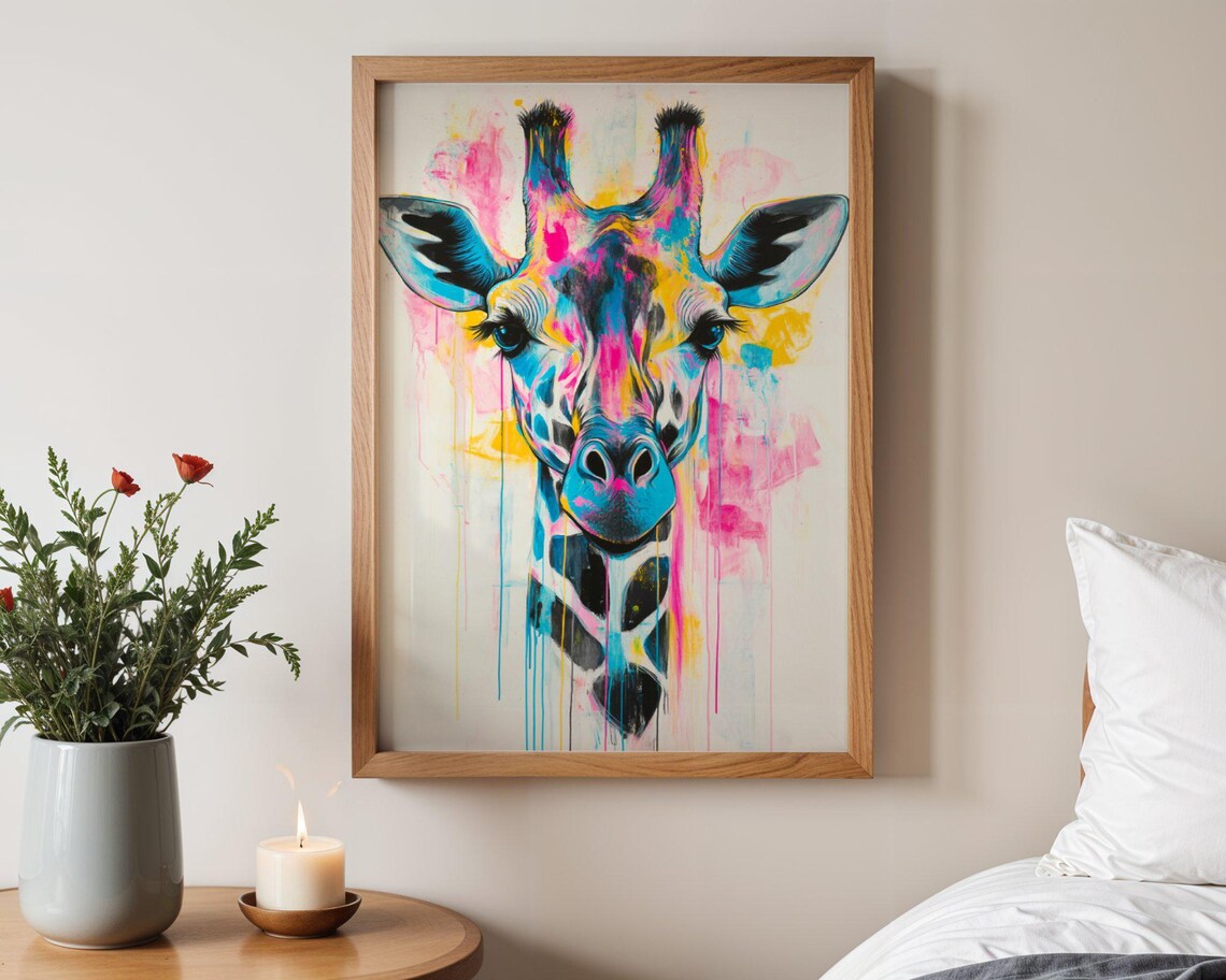 Vibrant Watercolor Splash Giraffe Portrait In Pink Blue And Yellow Poster