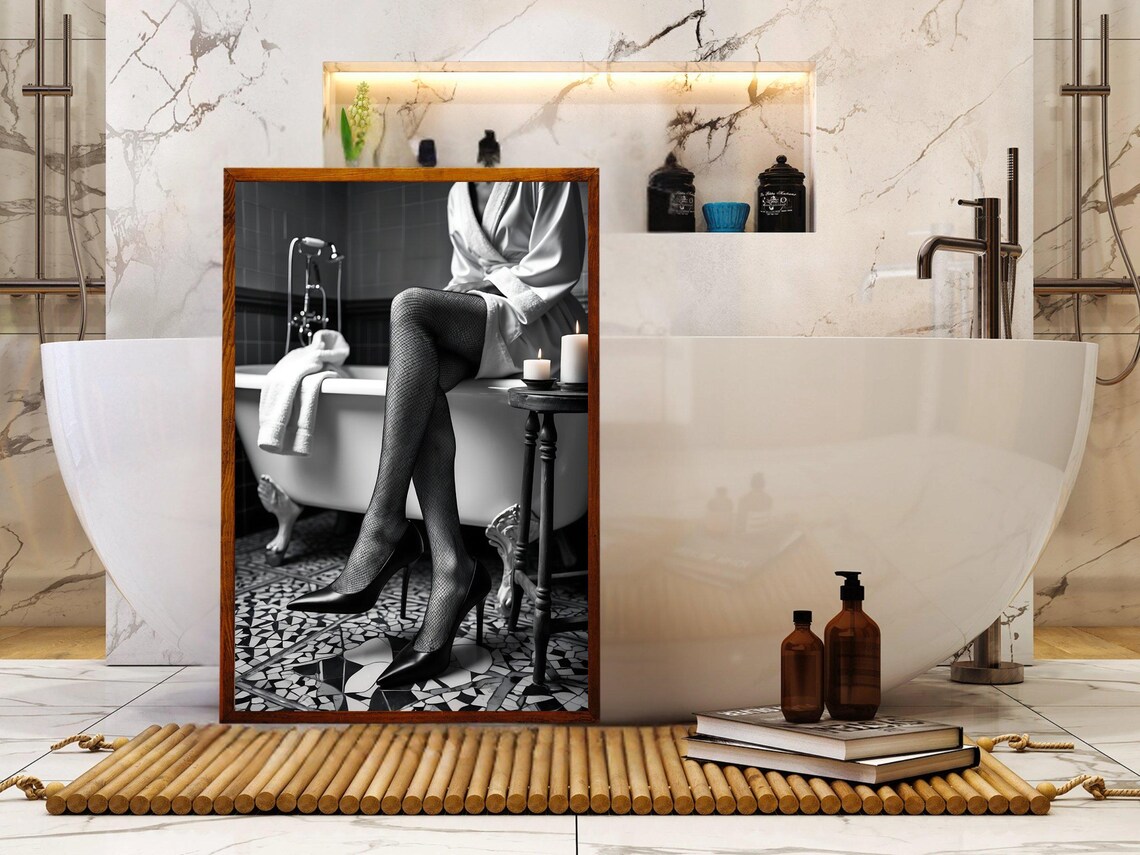 Woman In Fishnet Stockings And Heels Sitting On A Bathtub Poster - Image 5