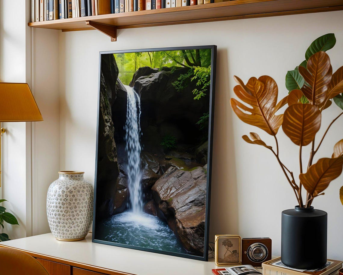 Forest Waterfall Cascading Between Dark Rocks into a Pool Poster - Image 3