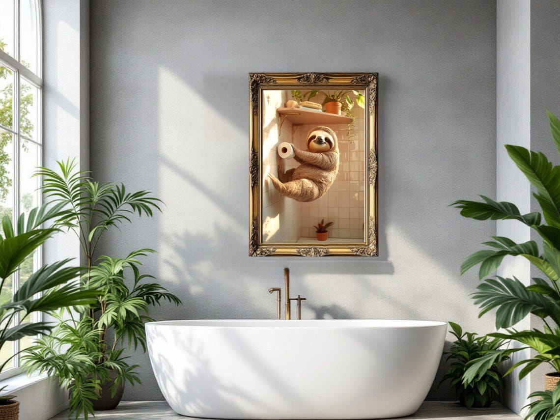 Lazy Sloth Hanging on the Bathroom Wall Holding Toilet Paper Poster - Image 3