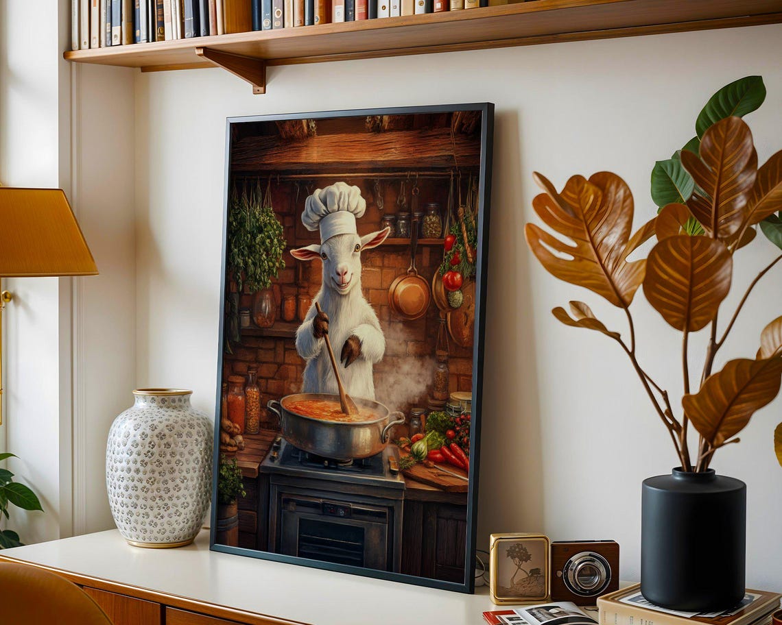 Goat Chef in a Toque Stirring a Steaming Pot Rustic Kitchen Poster - Image 4