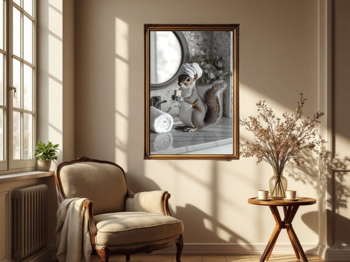 Cute Squirrel with Towel Turban Holding a Soap Bar Bathroom Poster - Image 4