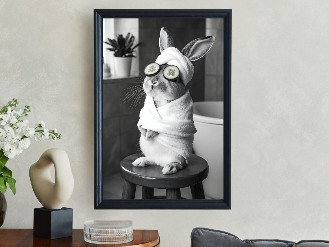 Bunny Spa Day With Cucumber Slices Black And White Animal Poster - Image 2