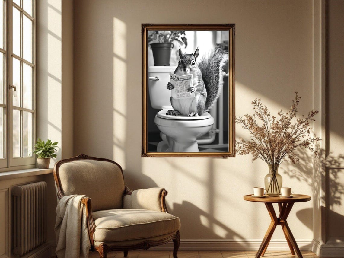Squirrel Reading Newspaper On Toilet Black And White Animal Poster - Image 4