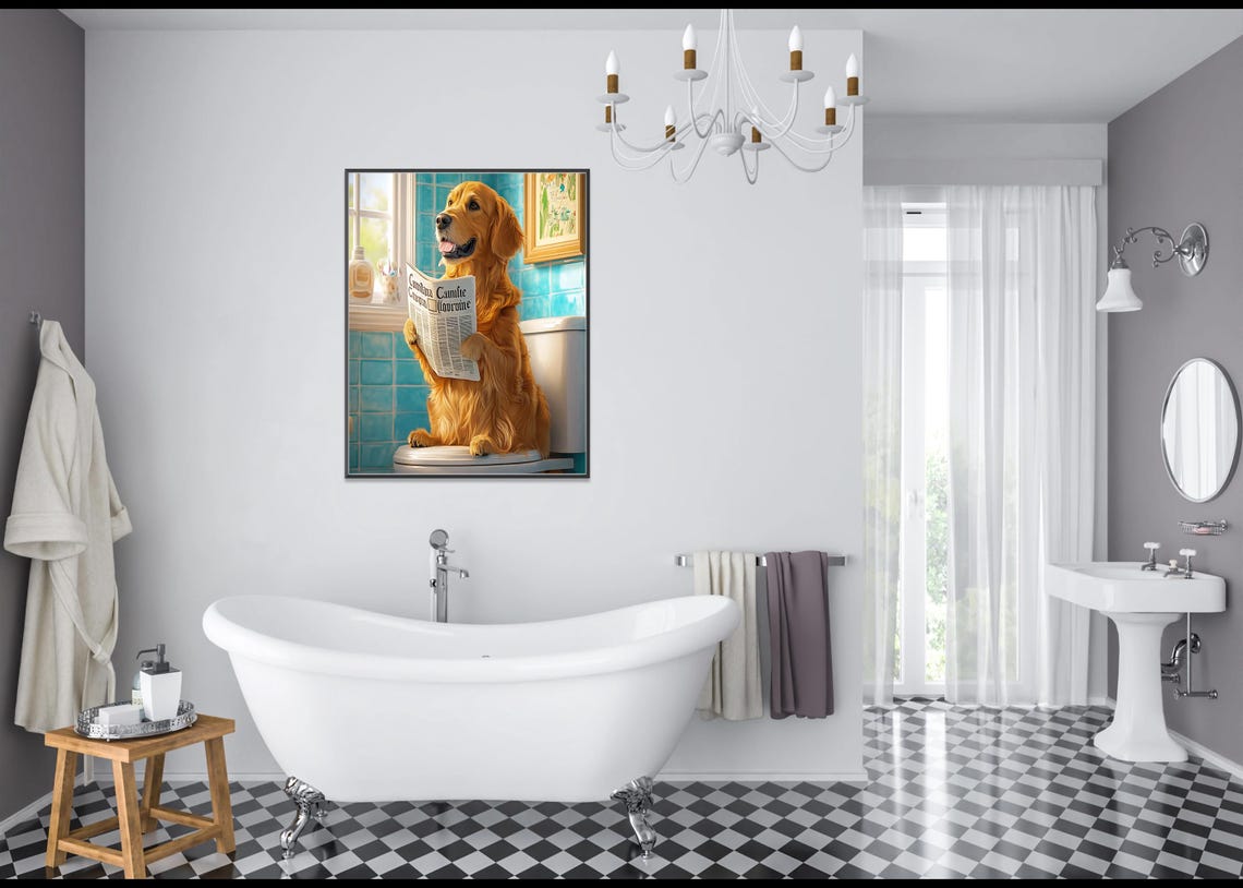 Golden Retriever Reading Newspaper On Toilet Turquoise Bathroom Poster - Image 3